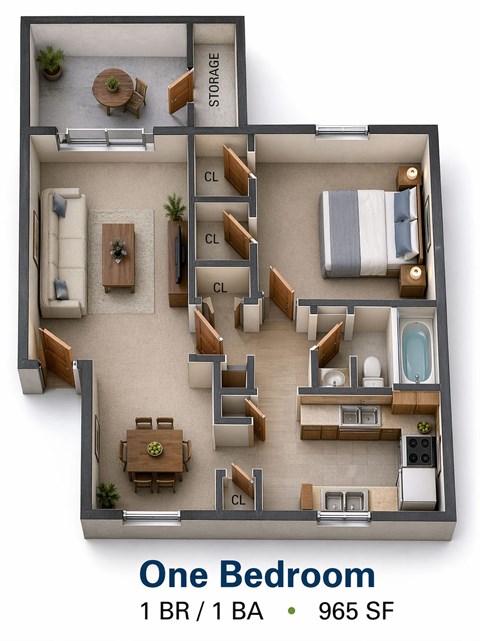 Floor plan for 1 bed, 1 bath, 965 sqft